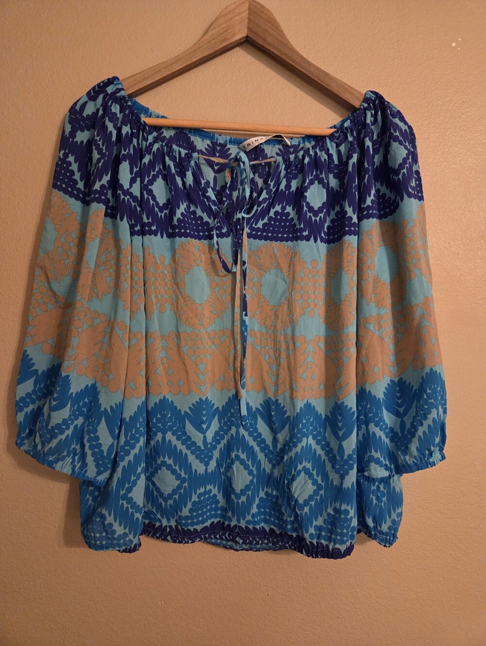 TRINA‎ TURK Blue Teal Tan Geometric Floral Boho 100% Silk Blousey Top Women's M